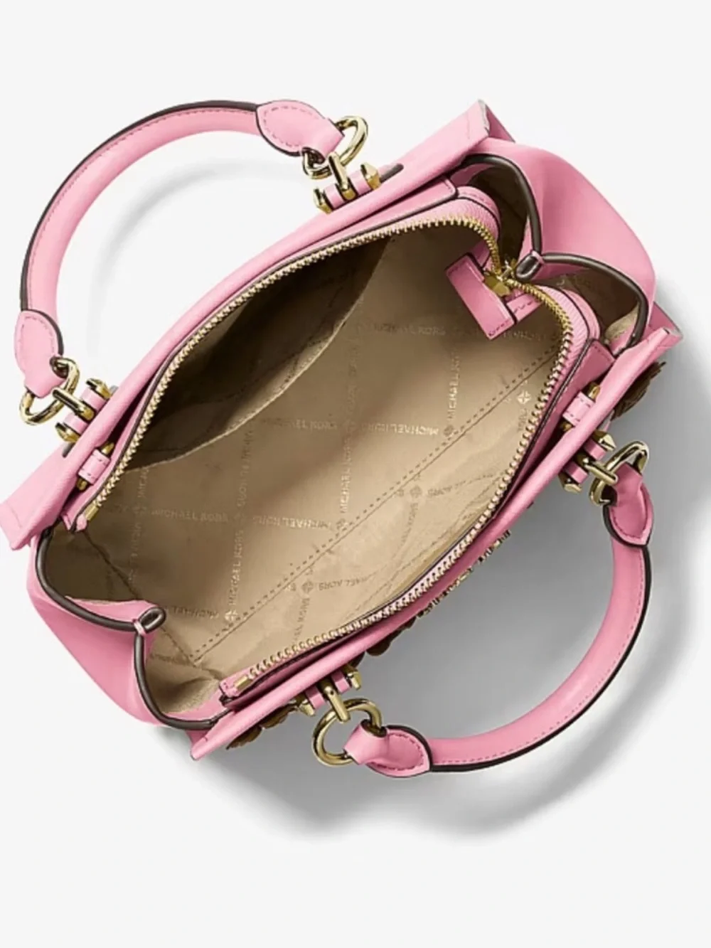 Michael Kors Pink Floral Applique Satchel with Gold Hardware